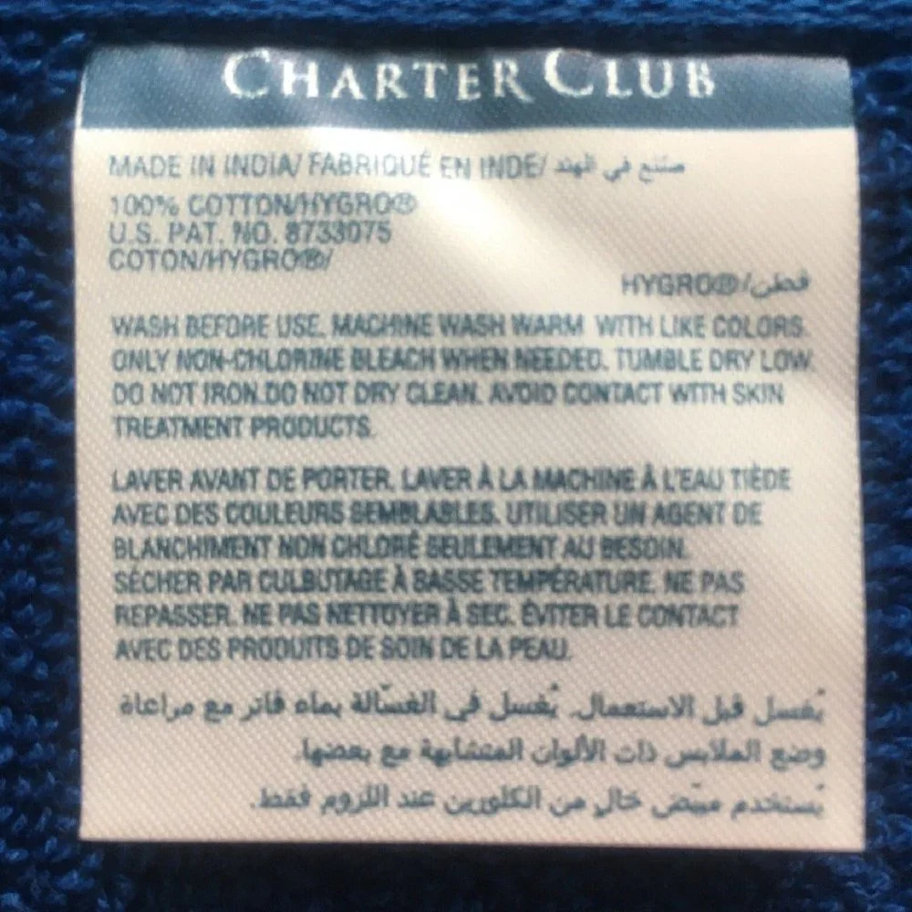 2 new INDIGO BLUE Charter Club Elite 100% Hygro Cotton 30x56 inch BATH TOWELS